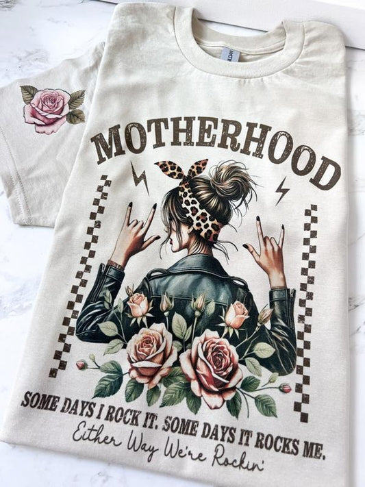 Motherhood Some Days I Rock it Some Days it Rocks me Short Sleeve Graphic Tee Unisex Screen Printed T-Shirt Womenswear Crewneck Casual Tshirt Top
