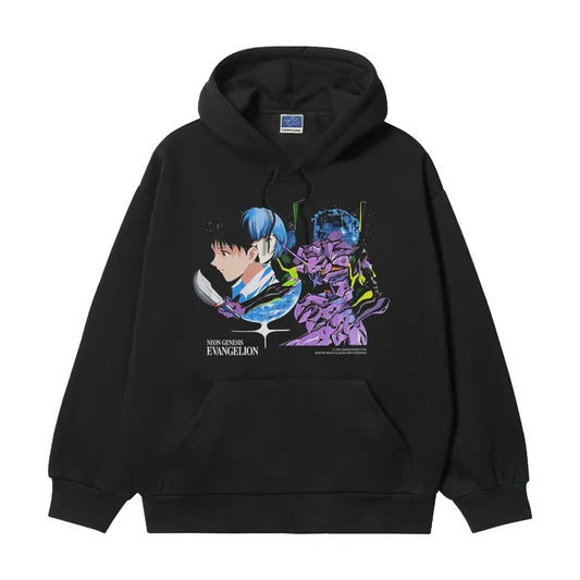 Neon Genesis Evangelion "For This World" Heavyweight Vintage Hoodie Cotton Blend Classic Anime Sweatshirt Menswear Tops Pullover Long Sleeve Casual Wetsuit Black Biker Crewneck Operator