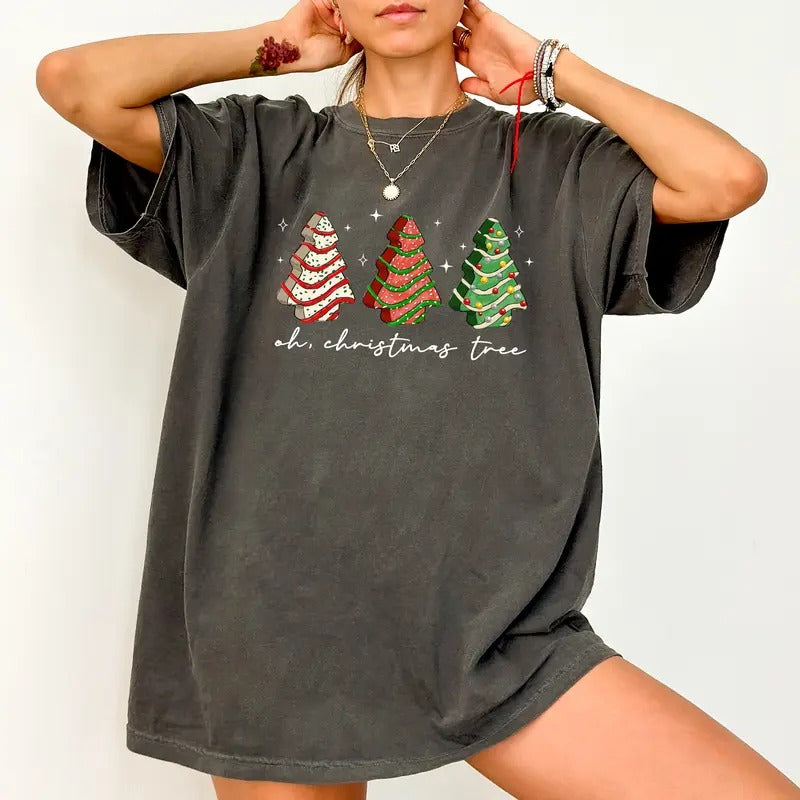 Oh Christmas Tree Shirt Comfort Colors, Christmas Tree Cake Graphic Printed Women Tee, Coquette Christmas Tree T-shirt, Trendy Christmas Sweatshirt, Christmas Apparel, Christmas Party Gift, Women's Top, Streetwear, Relaxed Fit Chic Style