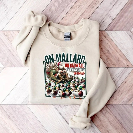 On Mallard On Gadwall Christmas Funny Duck Hunting Santa Sleigh Crewneck Sweatshirt, Outdoor Waterfowl Hunting Unisex Top