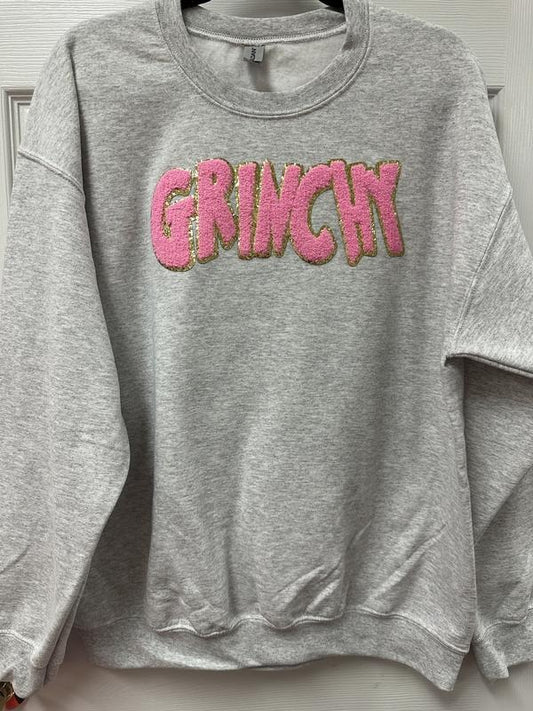 PINK Chenille Patch Sweatshirt -- ASH GREY