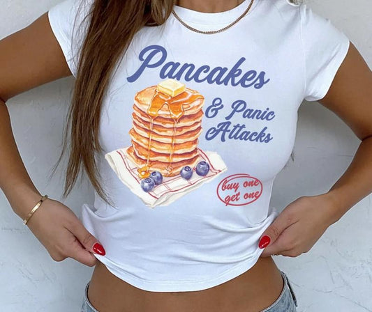 Pancakes And Panic Attacks Baby Tee, Funny Quotes Baby Tee, Mental Health Humor Sarcasm T-Shirt, Funny Sassy Saying Shirt