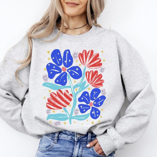 Patriotic Flowers, Red White Blue, America, USA, 4th of July Sweatshirt, Crew Neck, Women's, Crewneck