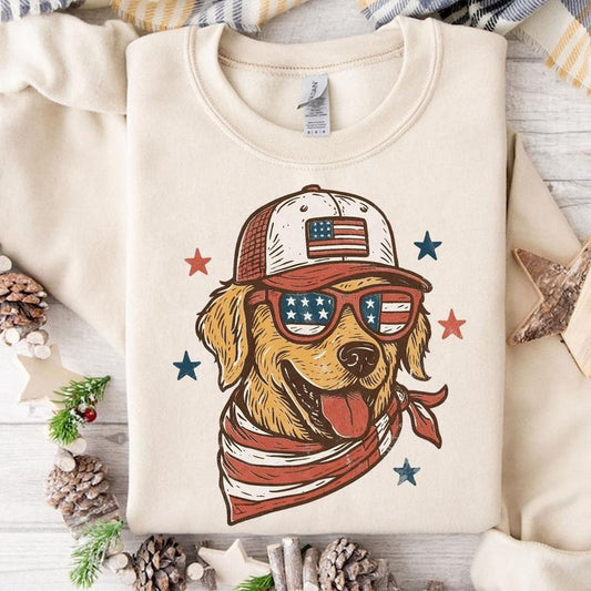 Patriotic Golden American Flag Sunglasses Dog Unisex Sweater, 4th of July Golden Retriever Shirt, USA Trucker Hat Pup Tee, Independence Day Gift