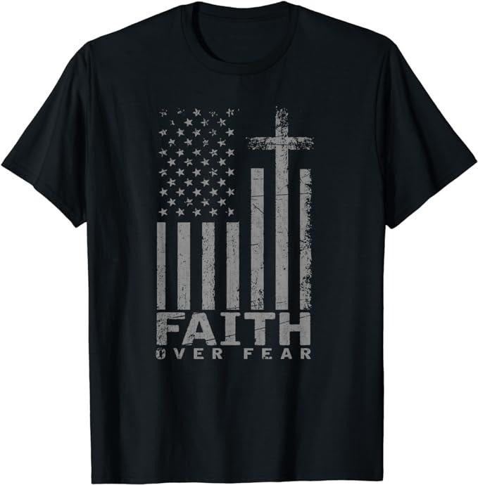 Patriotic Shirts For Men, USA Flag Patriotic American Gift Faith Over Fear Prayer T-Shirt Menswear Casual Cotton Top Basic