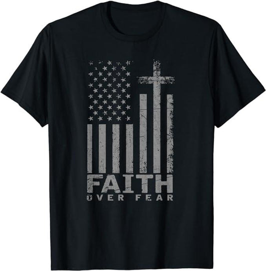 Patriotic Shirts For Men, USA Flag Patriotic American Gift Faith Over Fear Prayer T-Shirt Menswear Casual Cotton Top Basic