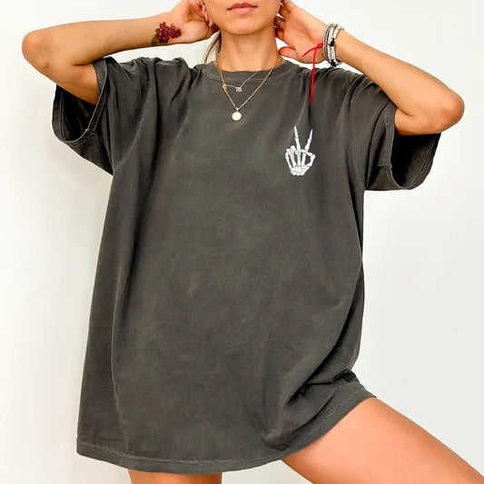 Peace Skeleton Hands Tee, Rock Style Gothic Graphic T-shirt, Halloween Skull Unhinged Shirt, Skeleton Shirt, Funny Shirts For Women, Creep It Real Shirt, Comfy Fabric Graphic Tee, Women's Tops, Womenswear, Cotton Fabric Relaxed Fit Chic Style