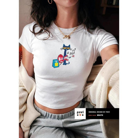 Pete The Cat Plays Guitar Baby Tee, Trendy Y2K Childhood Aesthetic Cute Cat Graphic Shirt, Nostalgic Funny Cat and Music Lover Tshirt