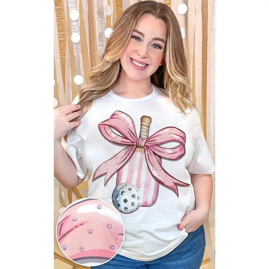 Pickleball Pink Bow Rhinestone Graphic Shirt