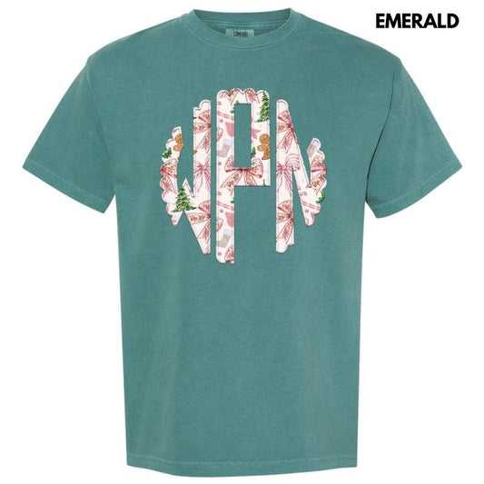 Pink Gingerbread Bow Monogram Comfort Colors T-Shirt 'NLB'