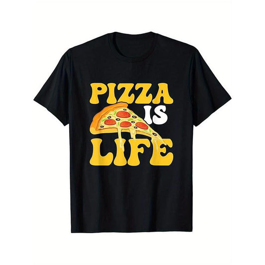 Pizza Is Life" Men's Cotton T-Shirt - Funny Pizza Theme, Crew Neck, Short Sleeve, Breathable & Stretch Fabric, Perfect for All Seasons made in usa