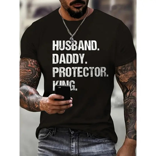 Plus Size Men's Graphic T-Shirt - "Husband Dad Protection Hero" Print Tee for Summer, Unique Father's Day Gift Idea  made in usa Top Casual Tshirt Streetwear High Quality Protector fathers day gift
