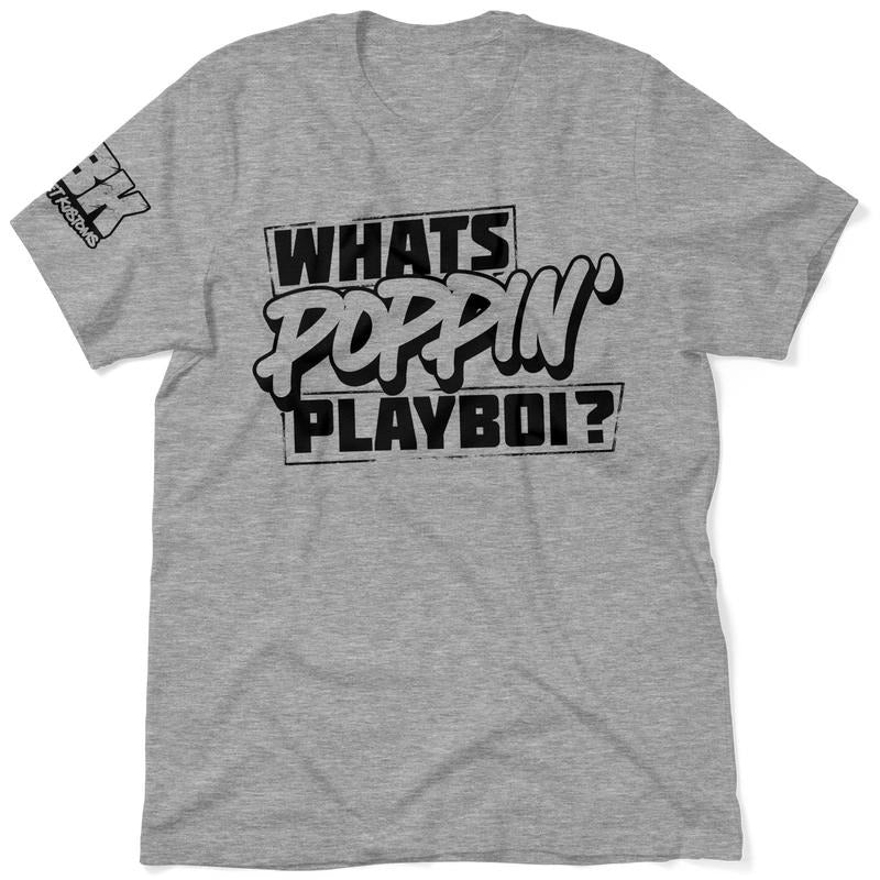 FBK Whats Poppin Heather Gray T-Shirt Jersey Men's 30-Day Guarantee Quality Cotton/Poly Blend with Blue Collar - Tshirt Top Apparel | Graphic Tees