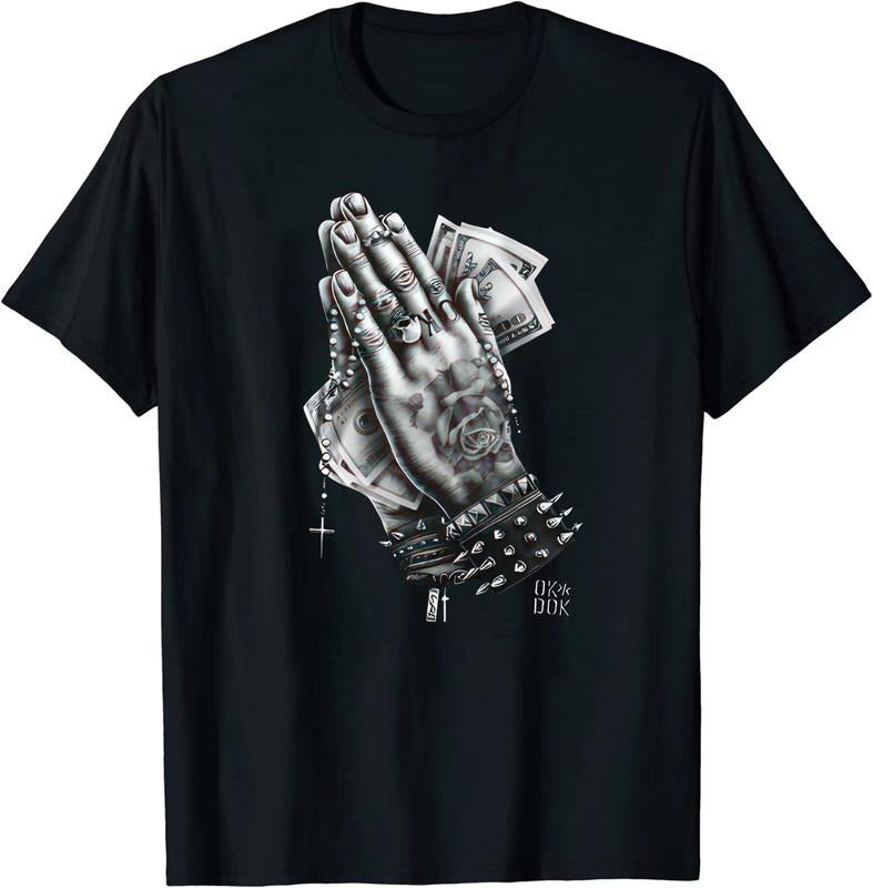 Pray Hand Printed Cotton Graphics Faith T-Shirt Black Crew Neck Casual Short Sleeve Earthy Black Women Outfits