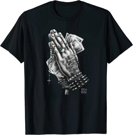 Pray Hand Printed Cotton Graphics Faith T-Shirt Black Crew Neck Casual Short Sleeve Earthy Black Women Outfits