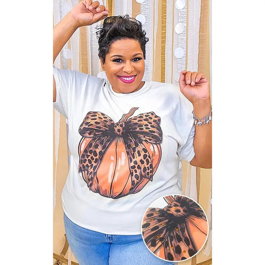 Pumpkin Cheetah Bow Rhinestone Graphic Shirt