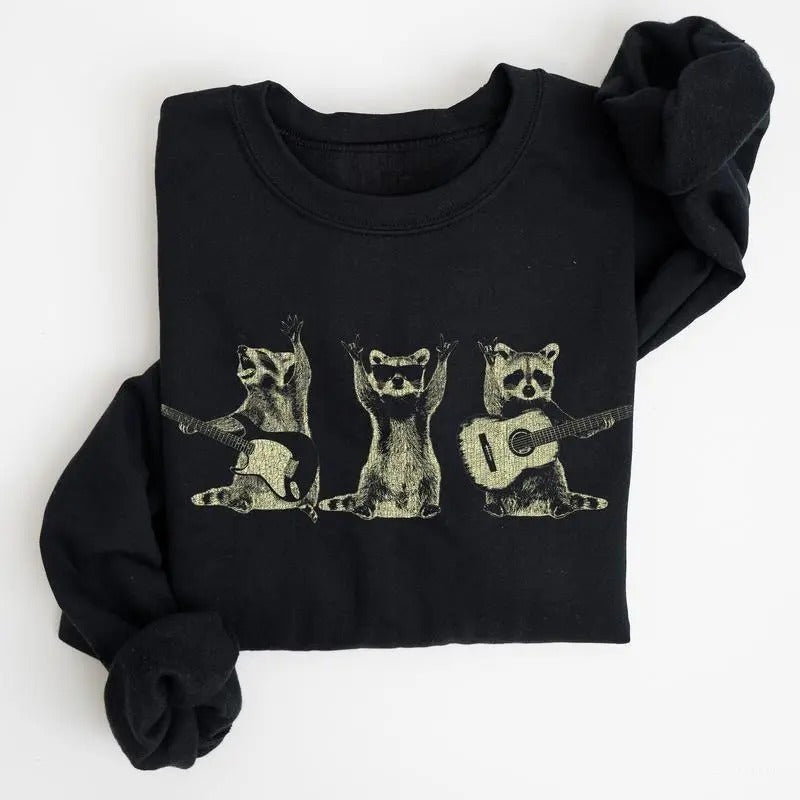 Raccoon Band, Playing Guitar, Funny Animals Sweatshirt, Crew Neck, Crewneck, Soft Unisex Graphic Casual, For Women