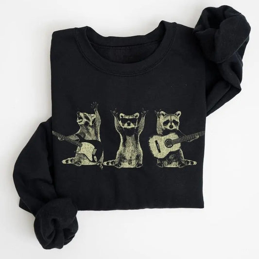 Raccoon Band, Playing Guitar, Funny Animals Sweatshirt, Crew Neck, Crewneck, Soft Unisex Graphic Casual, For Women