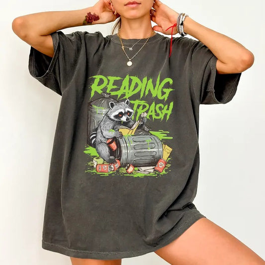 Reading Trash Comfort Colors Shirt, Trash Reader Unisex Graphic Tee, Meme Raccoon Unhinged Tees, Sarcastic Bookish Oversized T-shirt, Book Lovers Tee