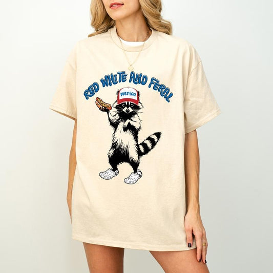 Red White And Feral T-Shirt, Funny USA Shirt, Funny Raccoon Shirt , 4th Of July T-Shirt, Feral T-Shirt, Hotdog Raccoon T-Shirt, Merica T-Shirt