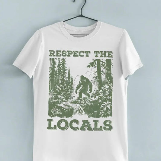 Respect The Locals Big Foot Sasquatch Yeti Walking In The Forest Vintage T-Shirt, Retro 90s Yeti T Shirt, Unisex Funny Y2k Graphic Shirt, Retro Unisex Adult T Shirt, Unisex Tee - Unisex And Inclusive - Multiple Colorways - Full Size Range
