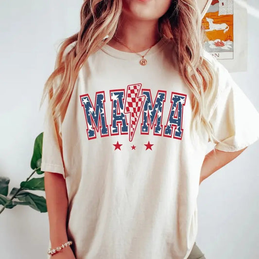 Retro American Mama T-shirt, 4th of July , Fourth of July , Mama T-shirt, 4th of July Mama , USA Flag, USA Shirt Top Womenswear Underwear Tshirt
