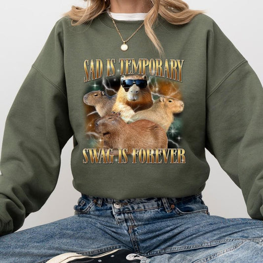 Retro Bootleg Capybara Sweatshirt for Women, Sad Is Temporary Swag is Forever Tops, Funny Vintage 90s Graphic Pullover, Silly Meme Casual Womenswear