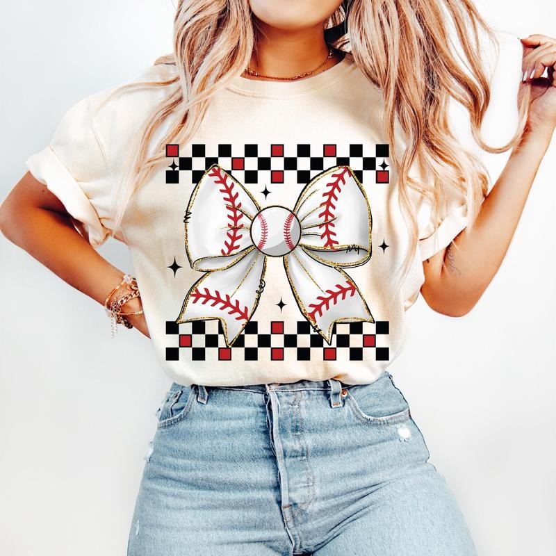 Retro Checkered Baseball T-Shirt, Baseball Mom T-Shirt, Game Day Baseball T-Shirt, Baseball Coquette T-Shirt, Baseball Bow T-Shirt, Baseball Mama T-Shirt