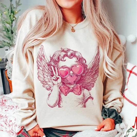 Retro Cupid Valentine Blowing Bubble Sweatshirt, Hoodie, T-Shirt, Vintage Valentines Day Shirt, Funny Cupid With Sunglasses Valentines Day Shirt