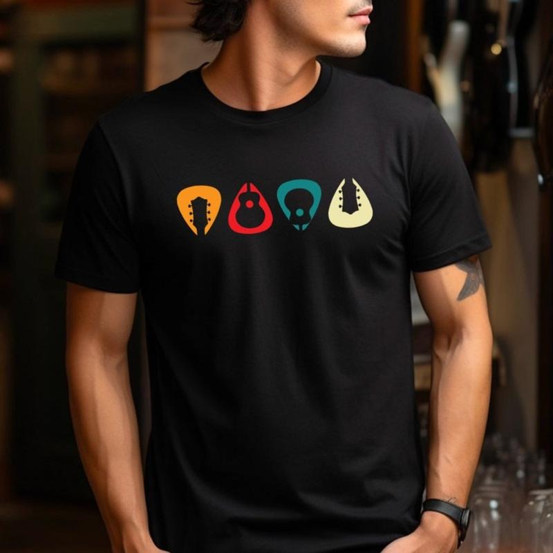 Retro Guitar Picks T-shirt - Mens Funny Guitarist Electric Acoustic Bass Mens Boys Dad Classic Birthday Christmas Gift Top.made in usa