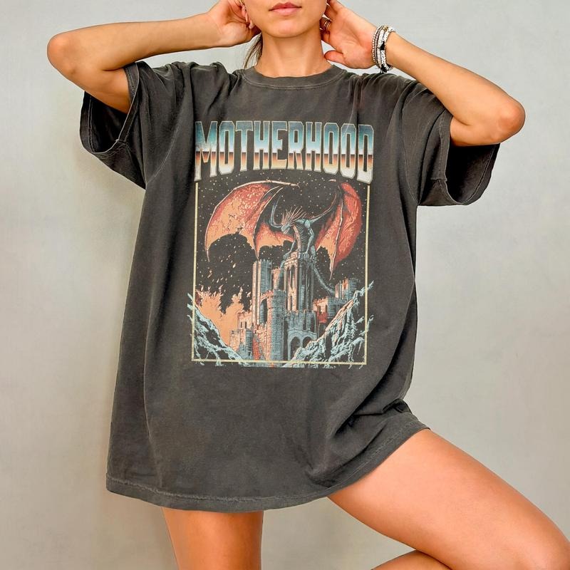 Retro Motherhood Shirt, Funny Mom TShirt Gift For Mothers Day, 90S Dragon Dark Fantasy Graphic Tee, 80S Vintage Mama Tshirt