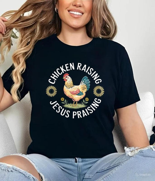 Retro Vintage Chicken Raising & Jesus Praising T-Shirt , Jesus Shirt, Graphic Tees, Ladies Clothes for All Seasons, For Men, For Women