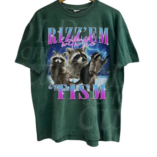 Rizz Em With The Tism Vintage Graphic Shirt, Retro 90s Funny Raccoon Graphic Shirt, Autism Awareness,  Funny Bootleg, Raccoon Meme Tee, gift for her