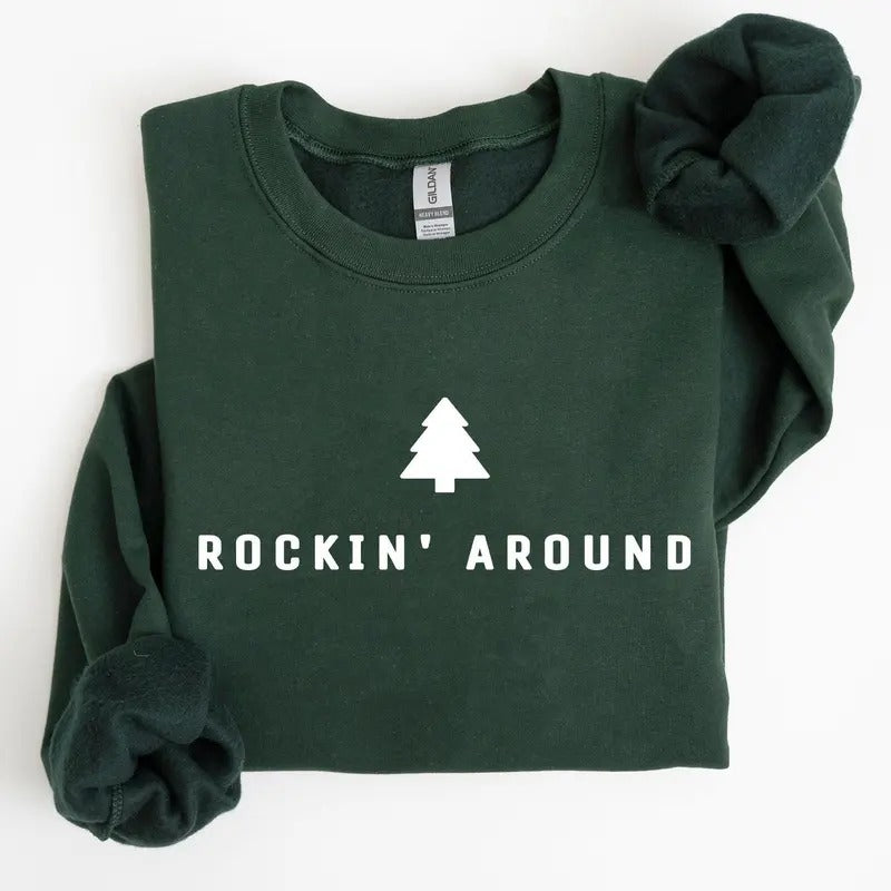 Rockin Around, Minimalist, Christmas, Winter, Santa, Xmas Sweatshirt, Women's Crew Neck, Crewneck