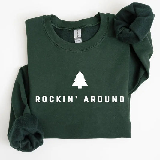 Rockin Around, Minimalist, Christmas, Winter, Santa, Xmas Sweatshirt, Women's Crew Neck, Crewneck