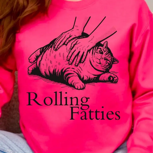 Rolling Fatties Funny Fat Cat Lover Sweatshirt Loose Fit Pullover Casual Long Sleeve Soft Style Women's Tops