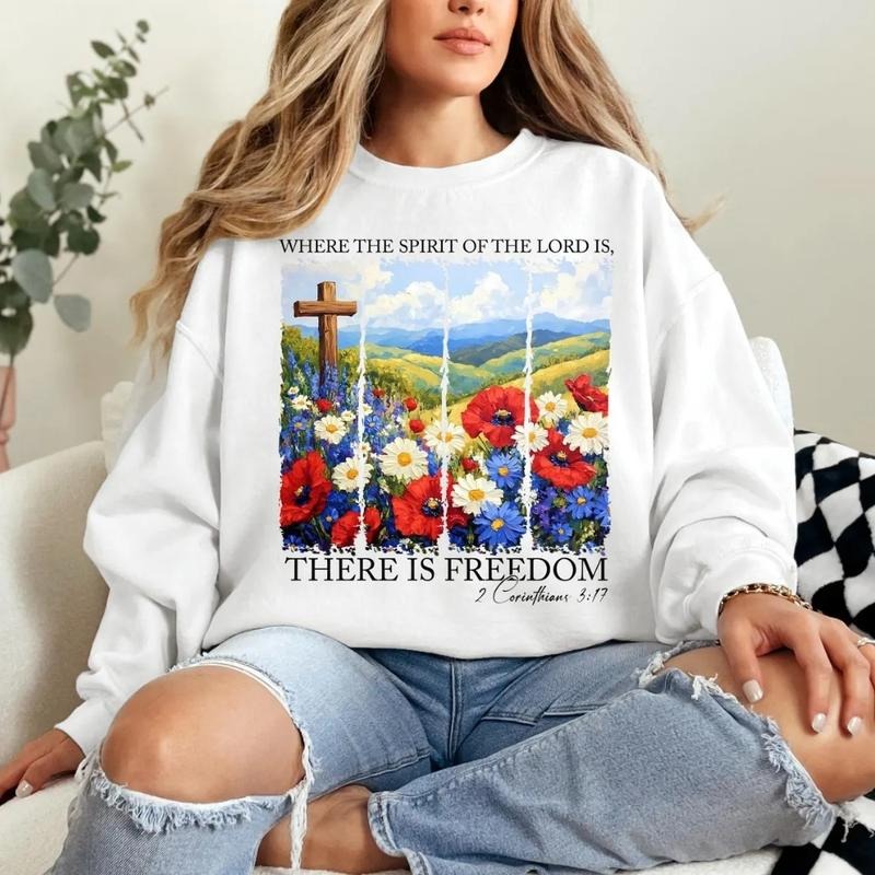 [SALE UP TO 60%] Bible Verse Freedom T-Shirt, Sweatshirt, Christian 4th of July Graphic, Patriotic Cross and Wildflower Shirt for Faithful Women