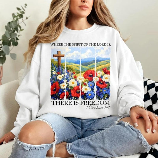 [SALE UP TO 60%] Bible Verse Freedom T-Shirt, Sweatshirt, Christian 4th of July Graphic, Patriotic Cross and Wildflower Shirt for Faithful Women