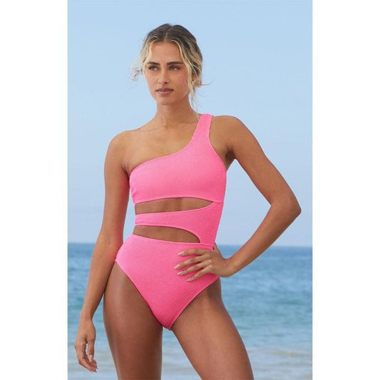 Salero Swim Women's Hot Pink Crinkle Scrunch One Shoulder One Piece Swimsuit