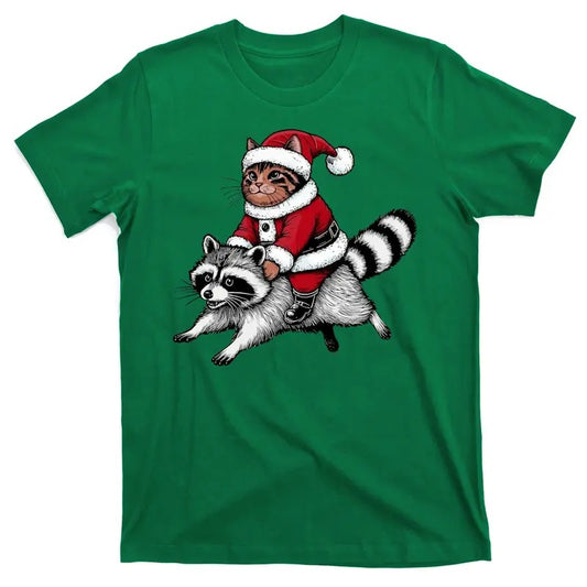 Santa Cat Raccoon Funny Christmas Animal Lover Fun T-Shirt for Men or Women