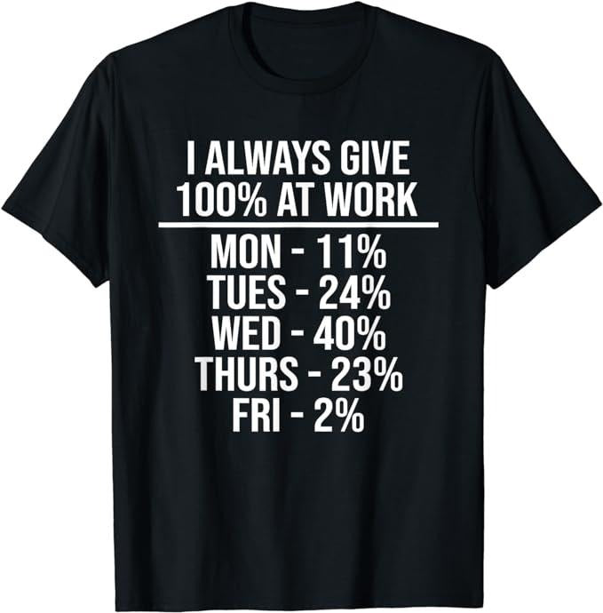 Sarcastic Work Shirts, I Always Give 100% At Work Funny Work Quotes Humor Sarcastic T-Shirt Menswear Top