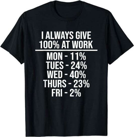Sarcastic Work Shirts, I Always Give 100% At Work Funny Work Quotes Humor Sarcastic T-Shirt Menswear Top