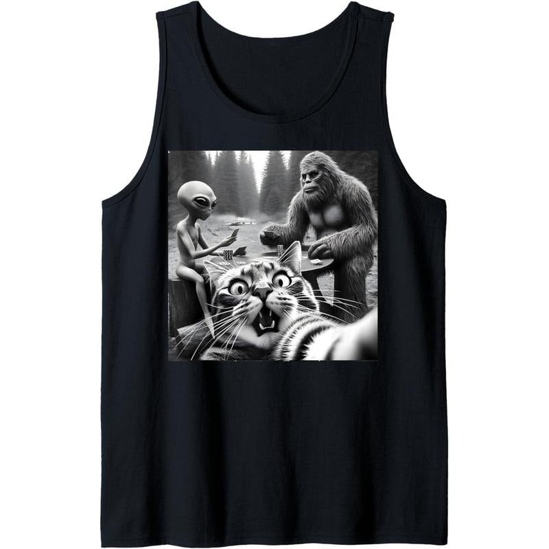 Sasquatch Bigfoot Alien Funny Surprised Scared Cat Selfie Tank Top made in usa