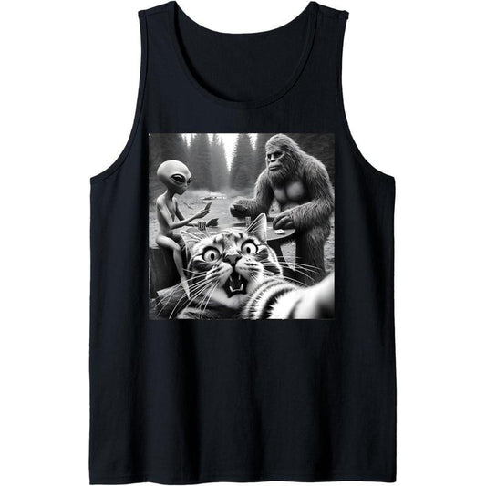 Sasquatch Bigfoot Alien Funny Surprised Scared Cat Selfie Tank Top made in usa
