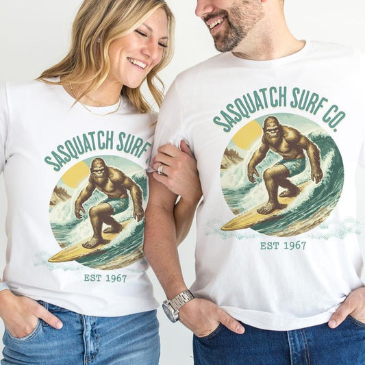 Sasquatch Surf Co Graphic Tee Summer Beach Surfing Bigfoot Tshirt Unisex Casual Ocean Vacation Top