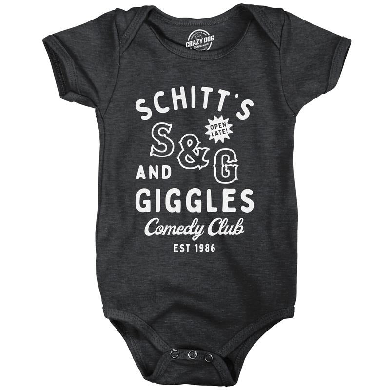 Schitts and Giggles Comedy Club Baby Bodysuit Funny Nightclub Joke Jumper for Infants Funny Baby Onesies Funny Sarcastic Onesie Novelty Black -