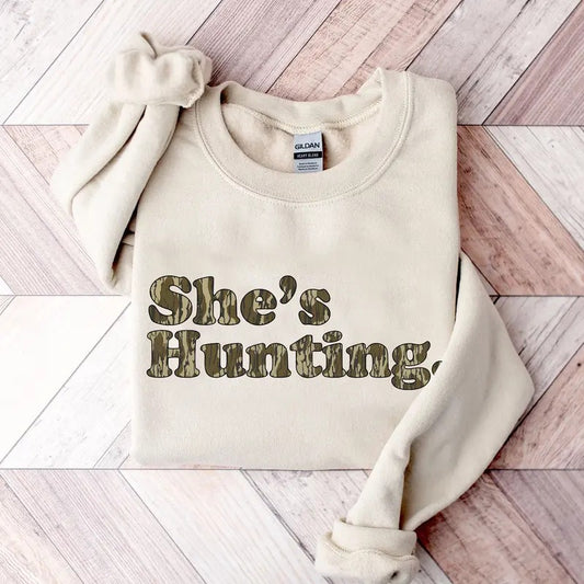 She is Hunting Camoflauge Bottomland Pattern Sweatshirt, Hunting Camo Unisex Shirt, Full Sizes, Full Colors