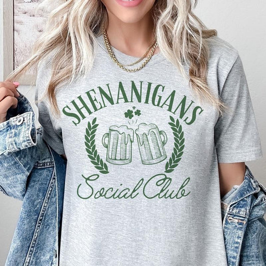 Shenanigans Social Club T-Shirt St Patricks Tshirt Lucky Tee Soft Print Shirt Social Club T-Shirt Shenanigans Funny Tshirt Sarcastic Funny Tee Sublimation Print Shirt Casual Comfort