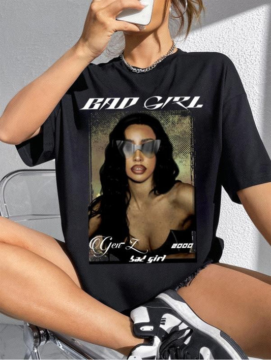 Short Sleeve Oversized Graphic Print T-Shirt Round Neck Drop Shoulder Casual Tee Top