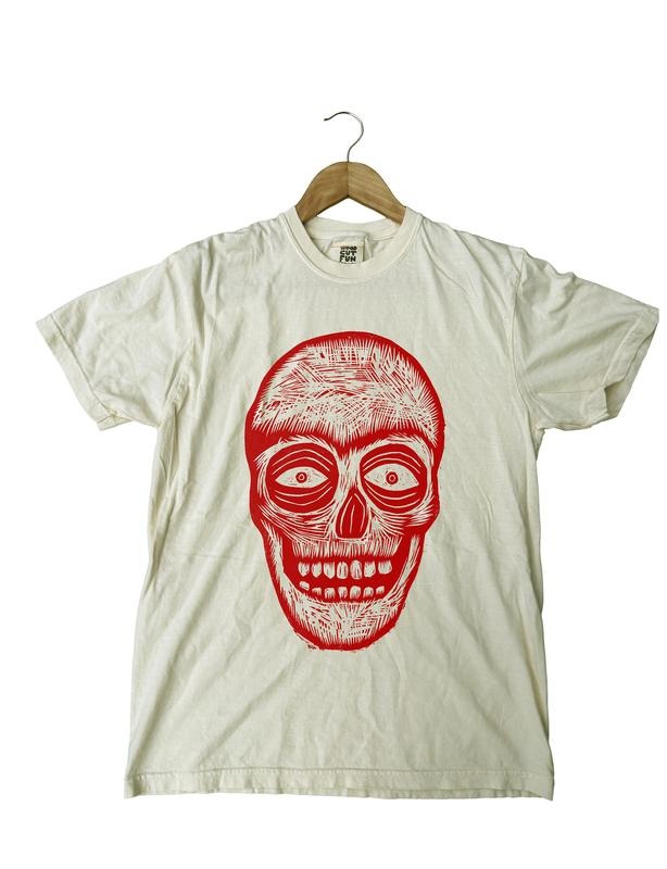 Skull Woodblock Hand-Printed T-Shirt Cotton Menswear Streetwear Graphics Casual Top Stylish Fabric Tropical Shoe Short Sleeve